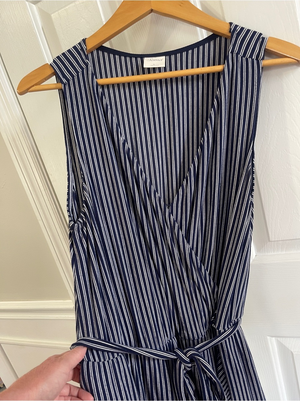 Soma Navy & White Striped Sleeveless Size Large Maxi Dress Faux wrap Nautical - Picture 3 of 11